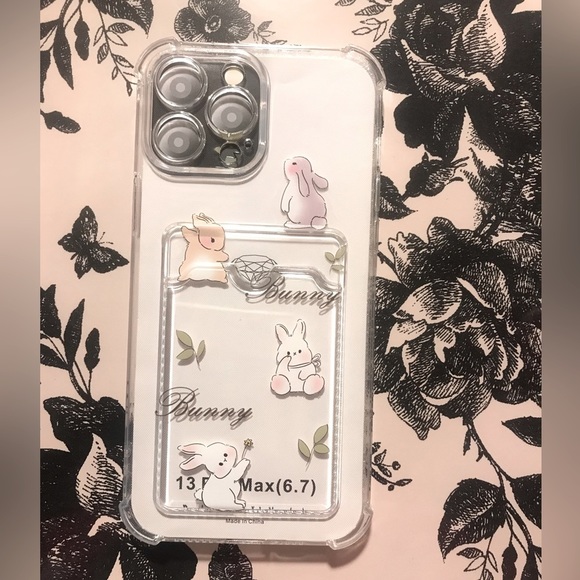 iPhone 13 pro max white bunny Easter case with card holder